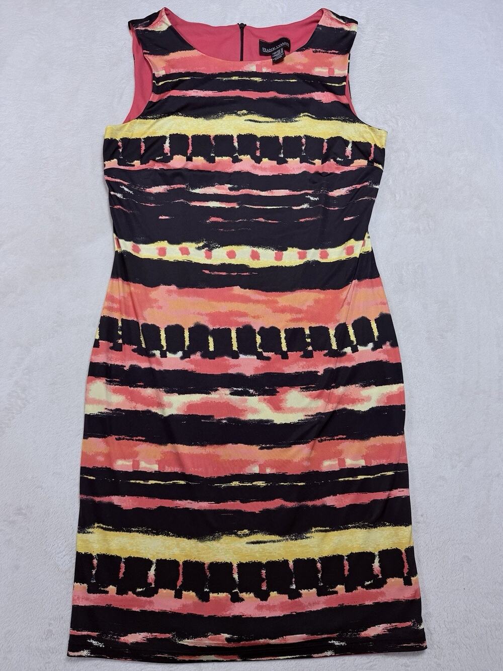 Frank Lyman Abstract Sunset Stripe Sheath Dress Coral Yellow Black Party 14